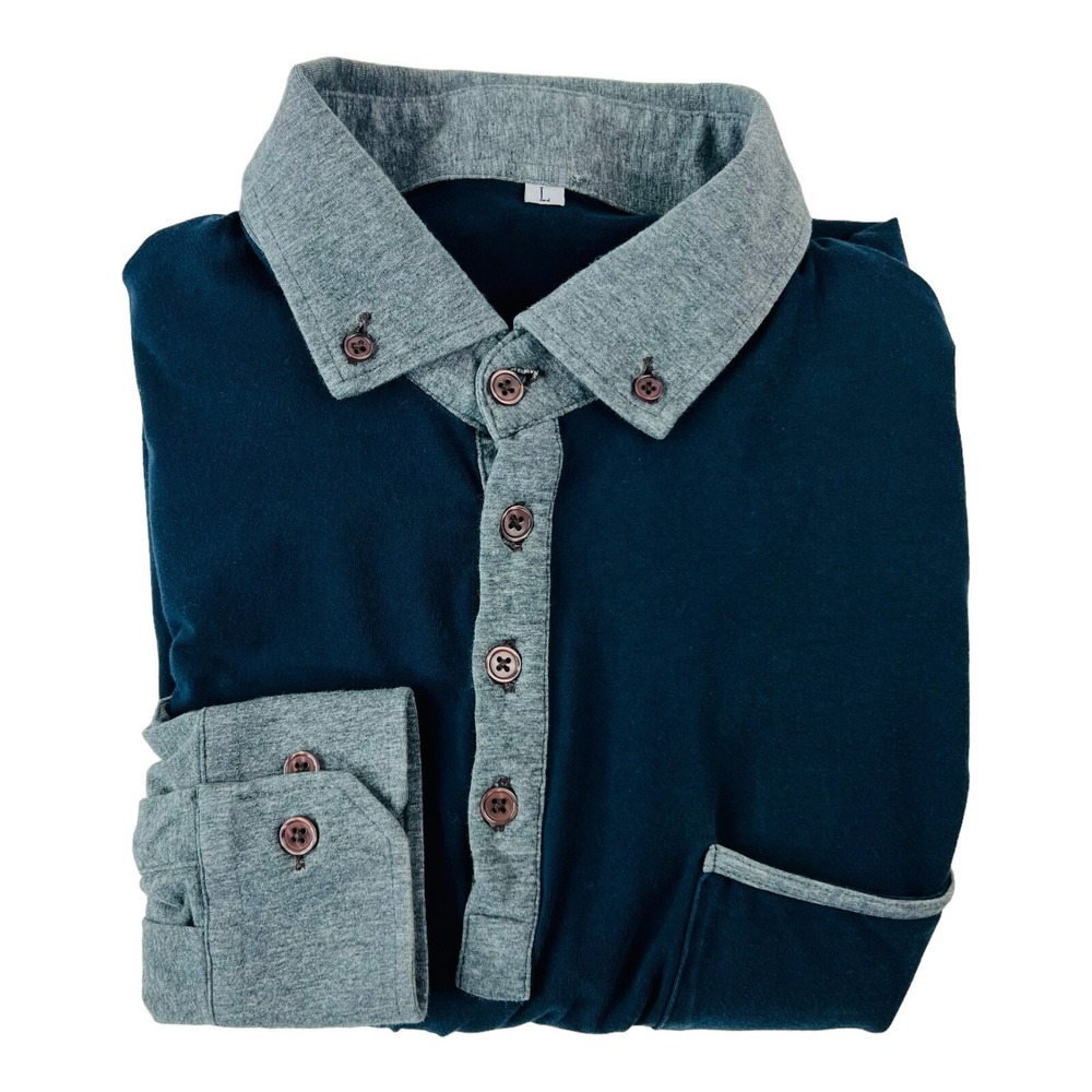 State & Liberty Blue & Gray Colorblock Long‎ Sleeve Polo Mens Size Large L